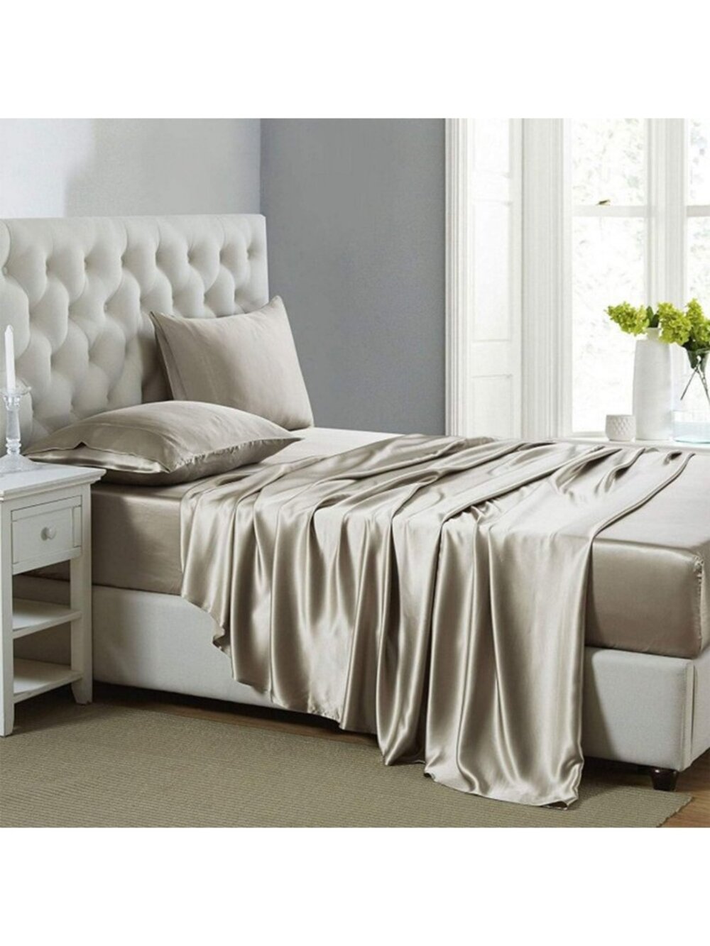 Luxurious Taupe Satin-Like Silk Sheets Set, California King, 4-Piece Bedding